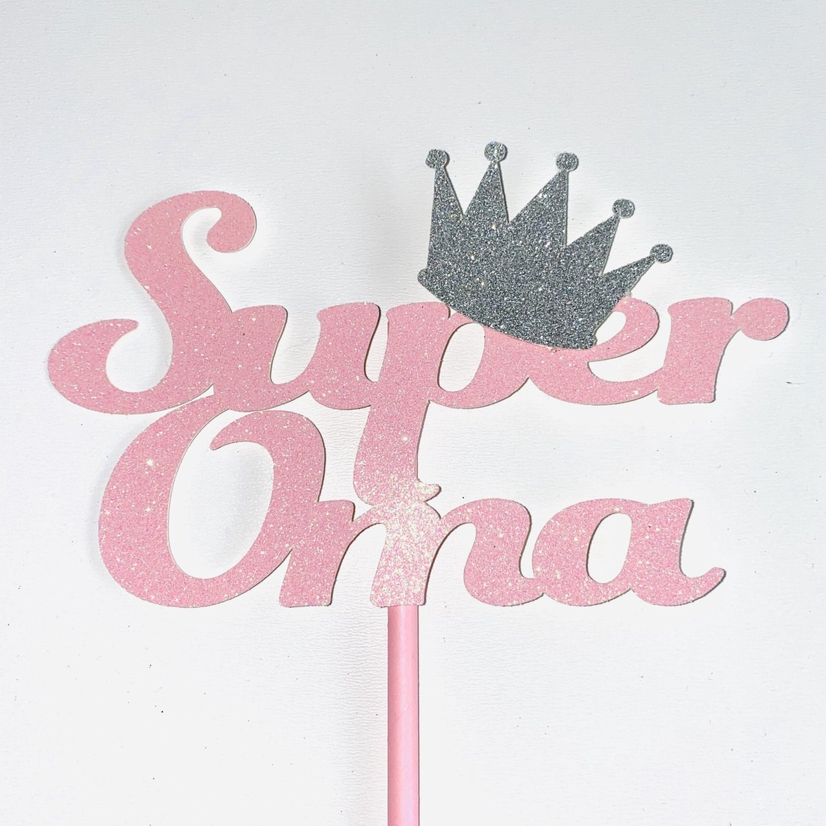 Taart topper | Cake topper | Oma Grootmoeder| Super Oma | Roze glitter |16 cm | karton